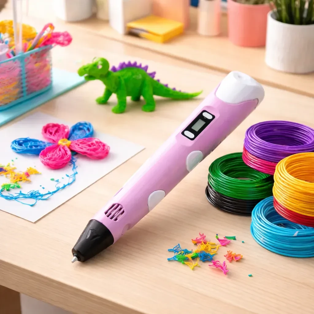 Caneta 3D rosa sobre uma mesa, com filamentos coloridos, uma flor e um dinossauro como exemplos de criação